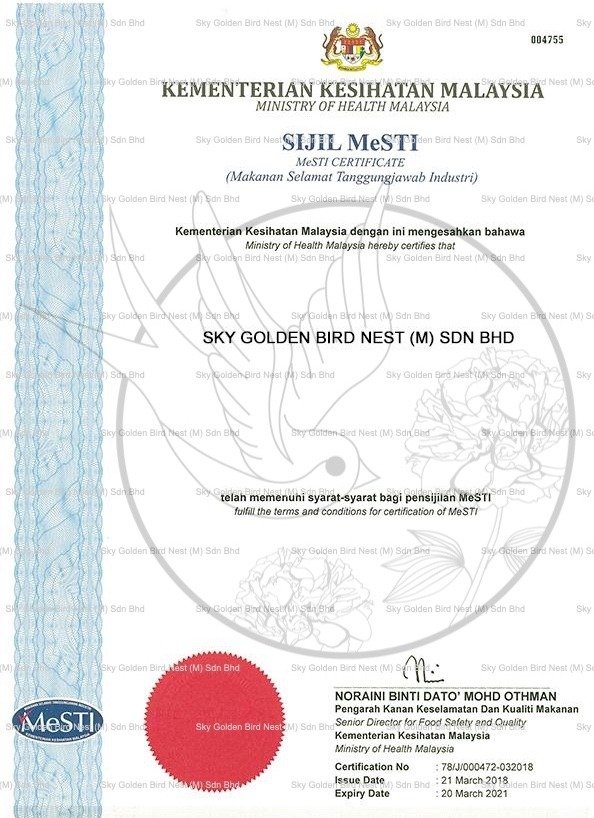 golden bird nest mesti certificate